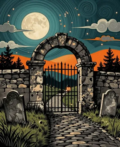 Stone Archway with Metal Gate in Moonlit Graveyard - Architecture - AI generated image