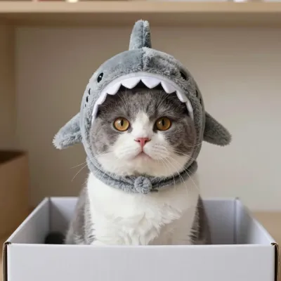 Cat Wearing Shark Hood in White Box - Animal - AI generated image