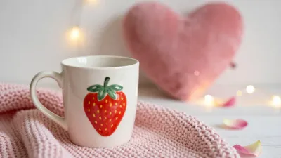 Glossy Strawberry Mug on Cozy Blanket - Food & Drink - AI generated image