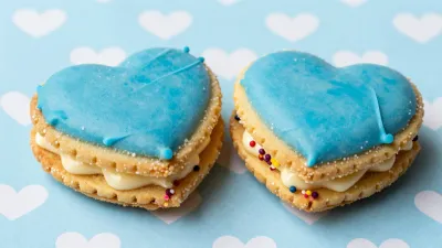Blue Iced Heart Whoopie Pies with White Filling - Bakery - AI generated image