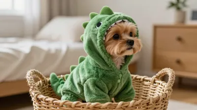 Yorkshire Terrier in Dinosaur Costume in Basket - Pet - AI generated image