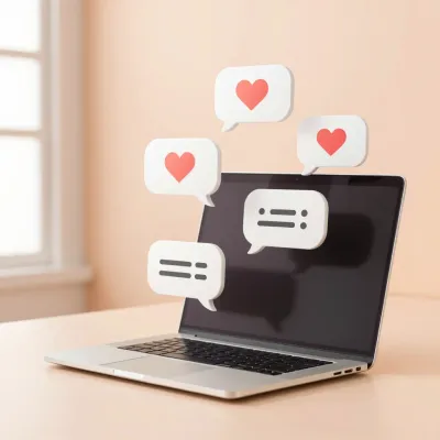 Glossy Laptop with Floating Heart and Speech Bubbles - Technology - AI generated image