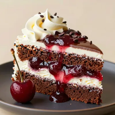 Cherry Compote Bursting Down Cake Slice - Food - AI generated image