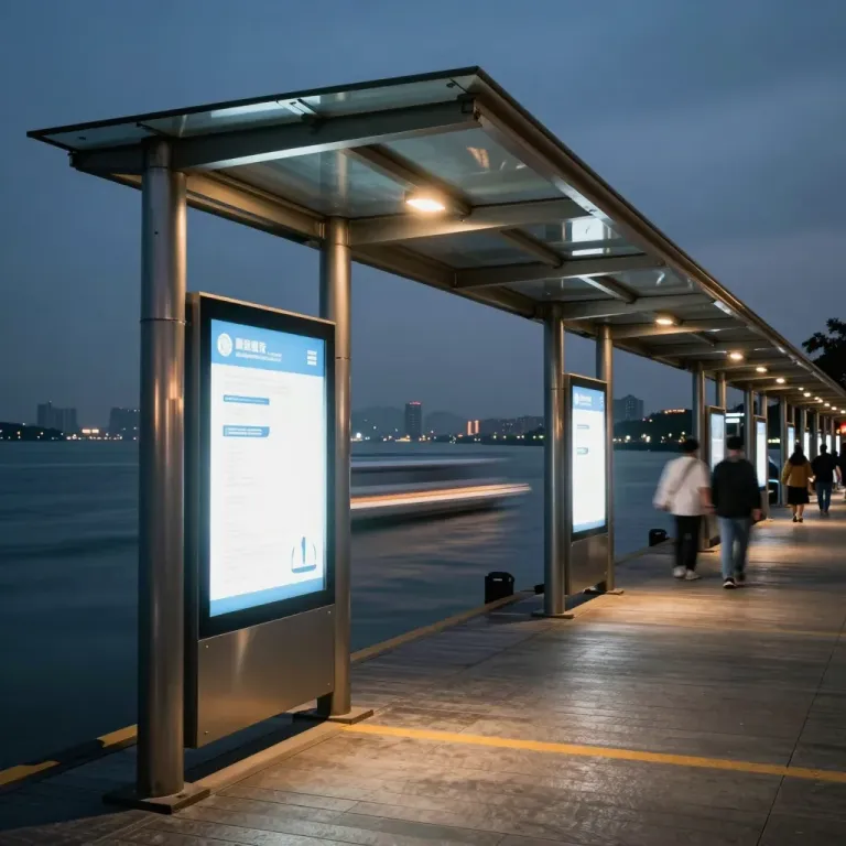Modern Bus Shelters with Digital Displays at Dusk - Architecture - AI generated image