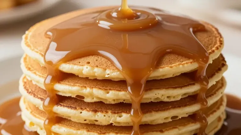 Salted Caramel Sauce Drizzled on Fluffy Pancakes - Food - AI generated image