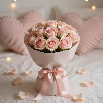 Pink Rose Bouquet Centerpiece with Heart Pillows - Flowers - AI generated image