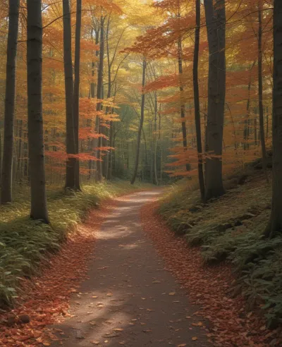 Autumn Forest Path Illuminated by Golden Sunlight - Nature - AI generated image