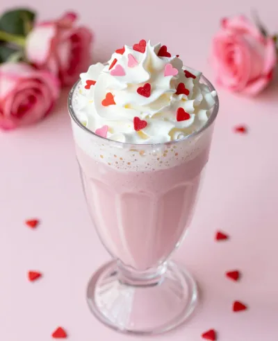 Strawberry Milkshake with Whipped Cream and Heart Sprinkles - Food - AI generated image