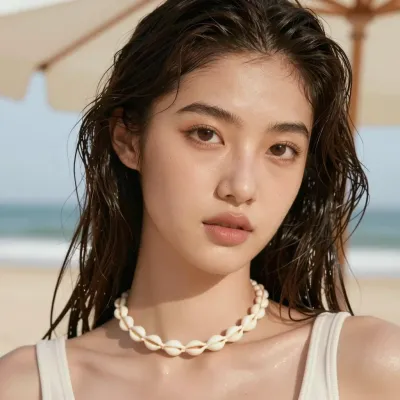 Wet-Haired Model with Shell Necklace on Beach - Portrait - AI generated image