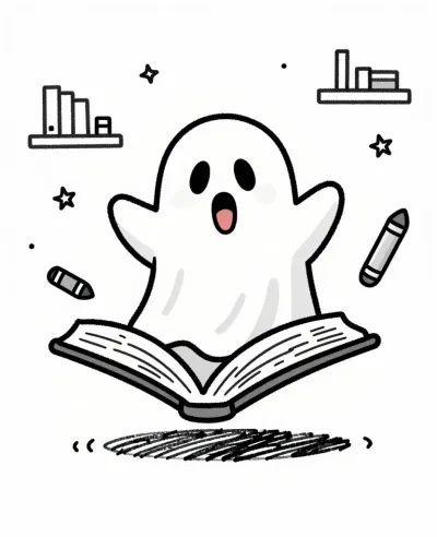 Ghost Emerging from Open Book in Cozy Library - Fantasy - AI generated image