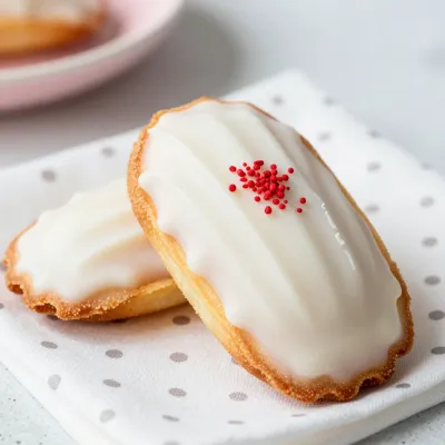 White-Glazed Madeleines with Red Sprinkles - Bakery - AI generated image