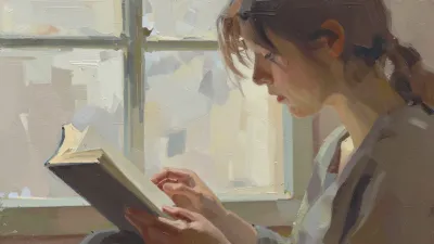 Young Woman Reading Softly Lit Book - Portrait - AI generated image