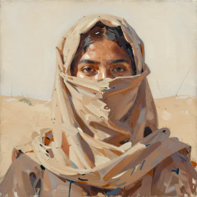 Veiled Traveler Gazing at Setting Sun - Portrait - AI generated image