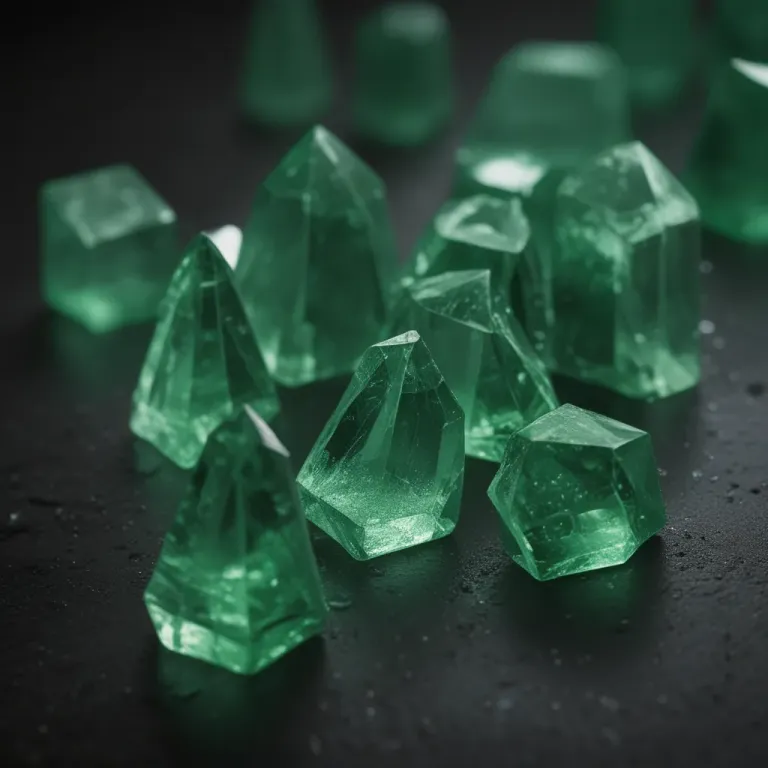 Backlit Green Crystals Glowing on Dark Surface - Crystals - AI generated image