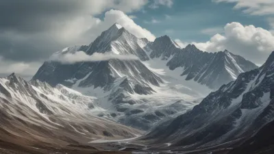 Snow-Covered Mountain Peaks Under Diffused Sunlight - Landscape - AI generated image