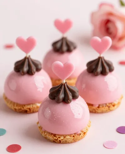 Petit Fours with Pink Mousse and Heart Toppers - Food - AI generated image