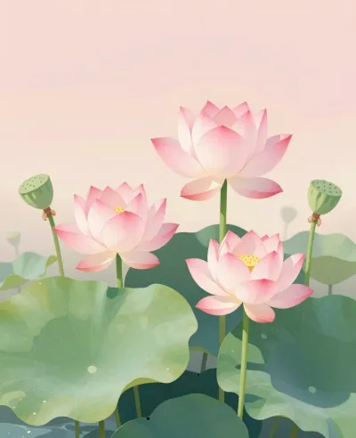 Lotus Flowers Blossoming in Soft Light - Flora - AI generated image