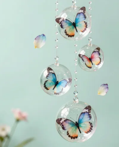Glass Orb Cascade with Butterflies - Decor - AI generated image
