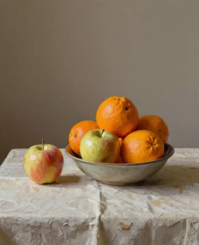 Bowl of Oranges and Apples with Single Apple - Still Life - AI generated image