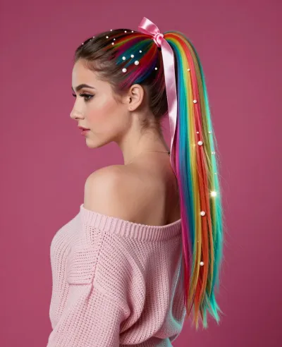 Woman with Rainbow-Ponytail in Soft Pink Sweater - Fashion - AI generated image
