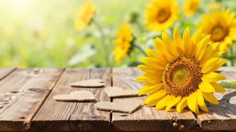 Sunflowers and Hearts on Rustic Table - Flowers - AI generated image