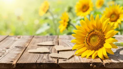 Sunflowers and Hearts on Rustic Table - Flowers - AI generated image