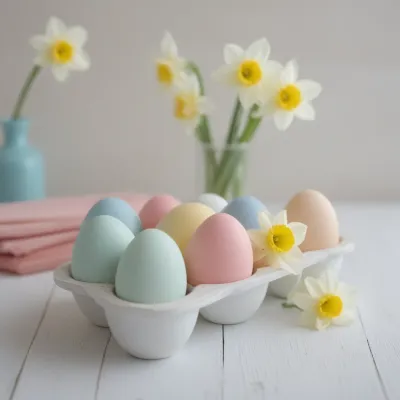 Pastel Eggs in Carton with Daffodils - Easter - AI generated image