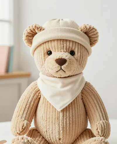 Corduroy Teddy Bear Wearing Beanie and Scarf - Toy - AI generated image