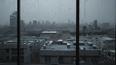 Raindrops on Windowpane Over Urban Landscape - Weather - AI generated image