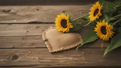 Heart-Shaped Burlap Pouch with Sunflowers - Still Life - AI generated image