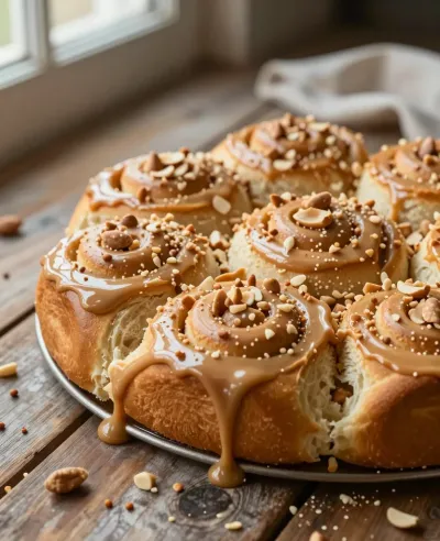 Peanut Butter Rolls with Caramel Sauce - Bakery - AI generated image