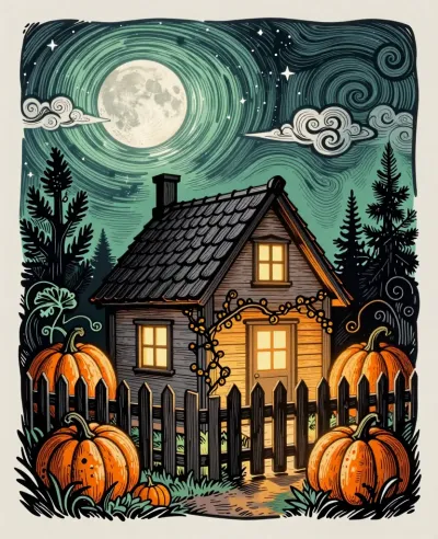 Pumpkin-Patch Cottage Glowing at Night - Architecture - AI generated image