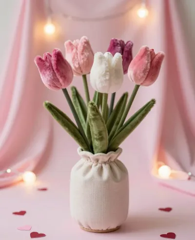 Plush Tulip Bouquet in White Vase - Flowers - AI generated image