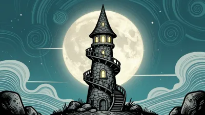 Stone Tower with Spiral Staircase Under Moonlight - Architecture - AI generated image