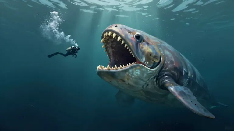 Giant Sea Creature with Open Jaws, Diver in Background - Wildlife - AI generated image