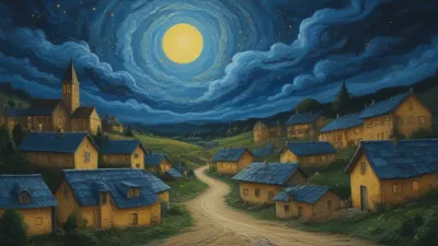 Starry Night Village Moonlit Scene - Architecture - AI generated image