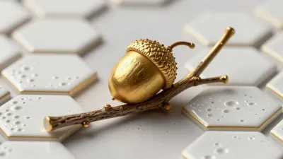 Gilded Acorn and Branch on Honeycomb Background - Still Life - AI generated image