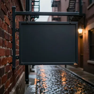 Black Signboard Hanging in Wet Cobblestone Alley - Urban - AI generated image