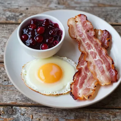 Breakfast Plate with Sunny-Side-Up Egg, Bacon, and Berry Compote - Food - AI generated image