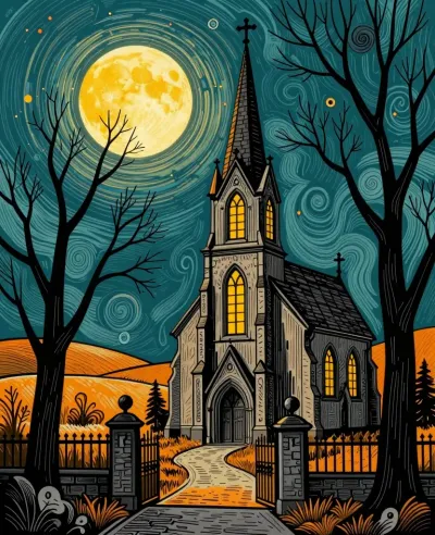 Moonlit Gothic Chapel with Stained-Glass Windows - Architecture - AI generated image