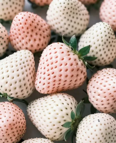 Pale Pink Strawberries with Green Leaves - Food - AI generated image
