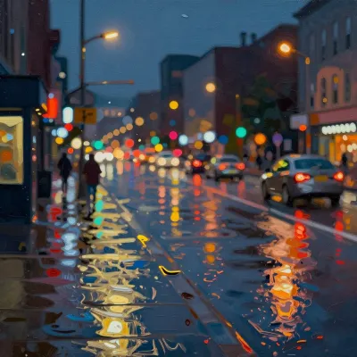 Wet Street at Night with Pedestrians and Vehicles - Urban - AI generated image