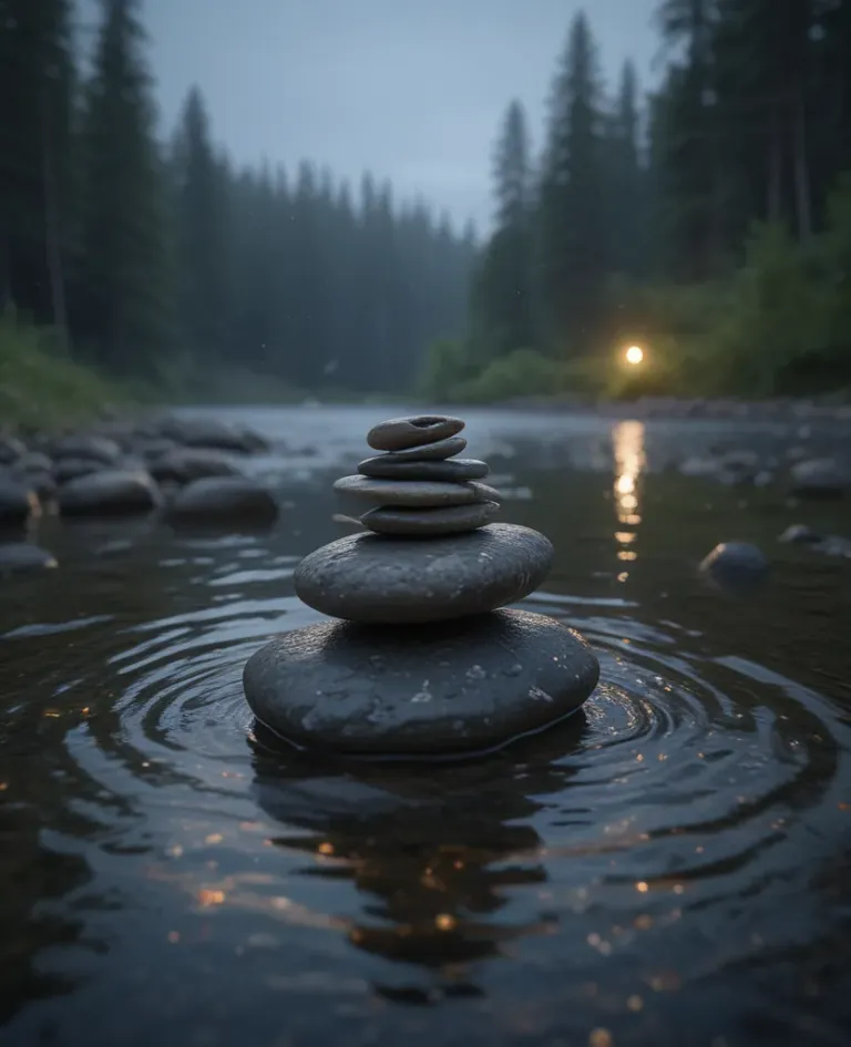 Stack of Smooth Stones Reflecting Golden Twilight - Nature - AI generated image