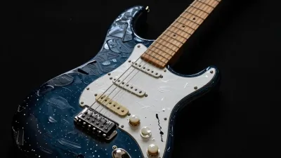 Glossy Blue Electric Guitar Close-Up - Music - AI generated image
