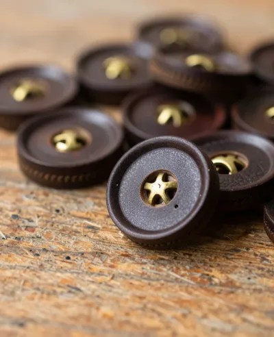 Leather Buttons with Brass Fastenings on Wooden Surface - Buttons - AI generated image
