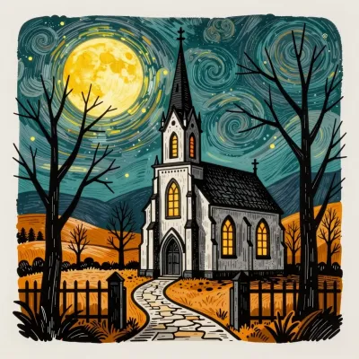 Moonlit Gothic Chapel with Glowing Windows - Architecture - AI generated image