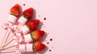 Strawberries and Marshmallows Fan Skewers on Pink - Food - AI generated image