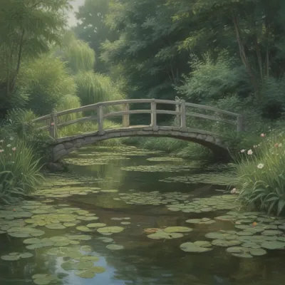 Wooden Bridge Over Lily Pads in Sunlit Garden - Architecture - AI generated image
