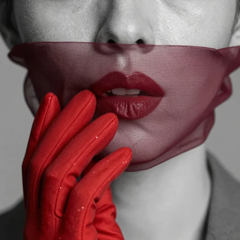 Burgundy Veil Covering Face with Red Lips and Glove - Fashion - AI generated image