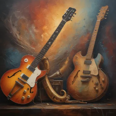 Vintage Guitars Diagonally Arranged with Textured Background - Music - AI generated image